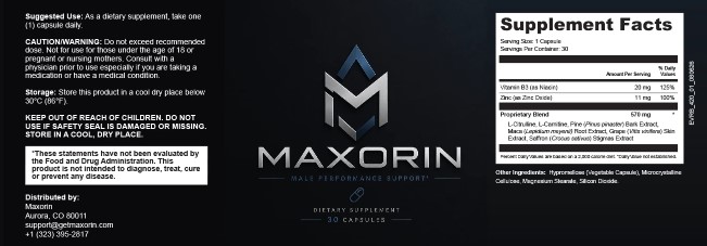Maxorin supplement facts label — 30 capsules, one capsule daily