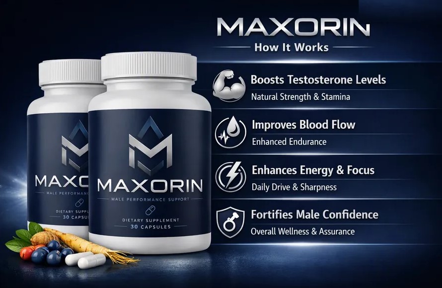 Maxorin — how it works: supports testosterone levels, blood flow, energy and focus, and male confidence