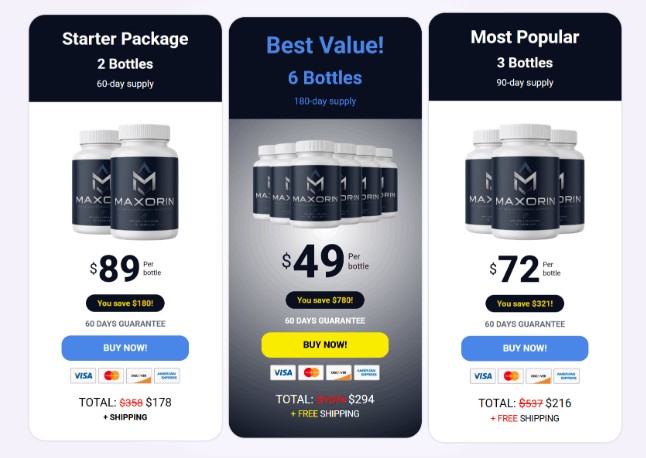 Maxorin packages — starter, best value, and most popular bundles